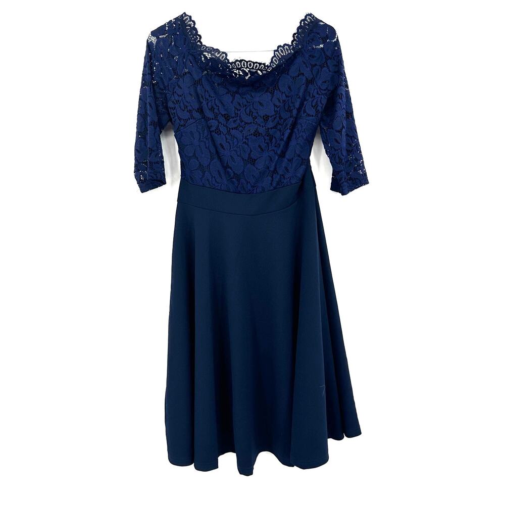Miss May Size Large Dress Blue Round Neck‎ Gown 3/4 Sleeve Lace Formal Prom